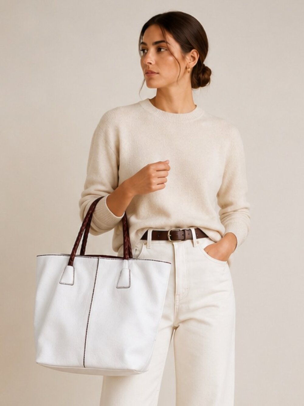 Plinio Visona White Pebbled Leather Tote Bag with Detachable Shoulder Strap